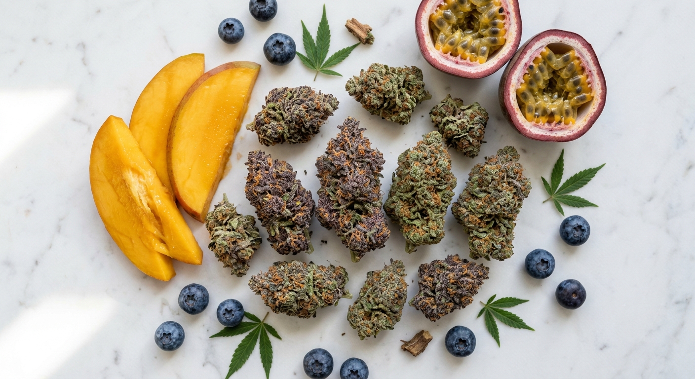 A flat lay arrangement of vibrant cannabis buds in deep purple and bright green hues surrounded by fresh-cut tropical fruits including mango slices, halved passion fruit, and scattered blueberries on a white marble surface, lit with soft natural light streaming from the left.